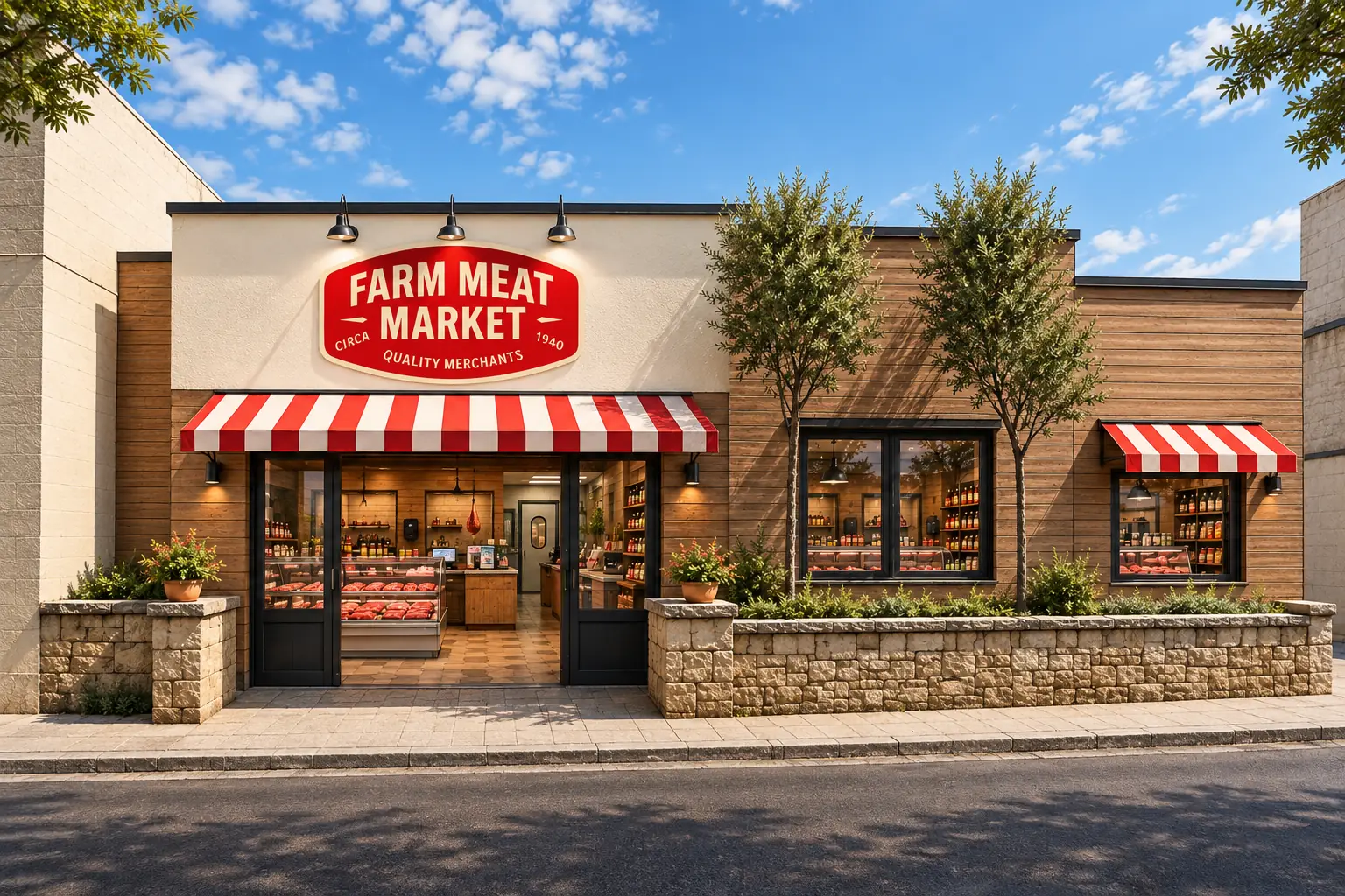 The Farm Meat Market shopfront on Buskett Road — striped awnings over an open
                doorway, with the counter and the window displays visible inside